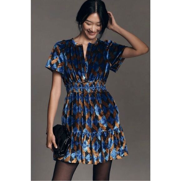 NEW Anthropologie Somerset Velvet V-Neck Smocked Tiered Mini Dress XX-Small & XS - Picture 1 of 8